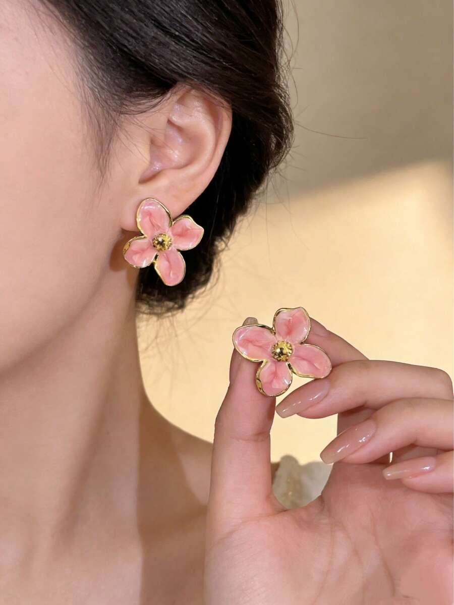 1 Pair Stainless Steel Pink Flower Stud Earrings, Gold-Plated Enamel 4-Petal Flower Earrings, Elegant Spring Blooming Statement Jewelry, Waterproof And Rust-Proof Fashion Accessory, Suitable For Easter, Mother's Day, Holidays, Daily Wear, Parties, Weddings, Birthdays, Anniversaries, Graduation Gifts For Mom, Wife, Girlfriend, Grandma, Sister, Daughter - Multicolor - View 1