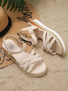 1 đôi sandal cao gót mùa hè cho bé gái, thiết kế quai tối giản, kiểu dáng casual, khóa cài tiện dụng, nhẹ nhàng, thoải mái khi đi chơi hàng ngày, đế dày, hở mũi. - Màu be - Xem 6