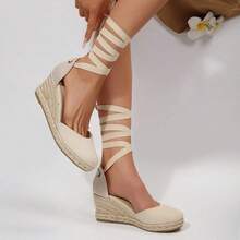 Women's Elegant Closed Toe Espadrille Wedge Sandals With Lace Up Ankle Strap, Platform Summer Vacation Heels For Casual Travel And Daily Wear - Màu be - Xem 2