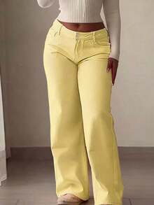 Women's Yellow Wide Leg Jeans - Casual Vacation Fashion Straight Leg Pants For Summer - Yellow - View 7