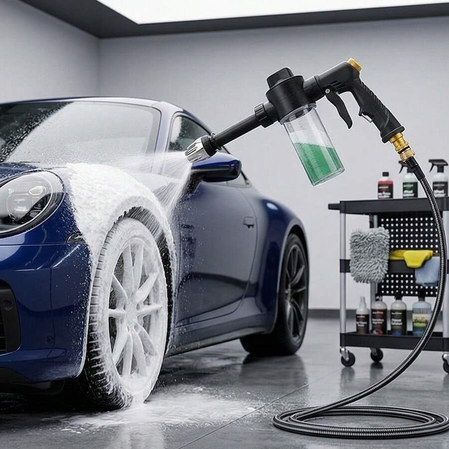 High Pressure Foam Cannon, Multi-Function Car Wash Water Gun With Foam Bottle, Sturdy Long Handle Adjustable Nozzle, Thick Foam Strong Decontamination, Quick Connect, No Battery Required - View 1