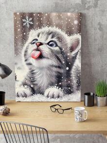 |5D DIY钻石画|冬日雪花小猫接雪花DIY钻石画套装，可爱虎斑猫舔雪花，节日冬日景象，可爱奇趣宠物艺术，雪景假日美学。手工装饰画，5D DIY刺绣马赛克艺术，享受动手乐趣，送给朋友的理想礼物 - 無框 - 查看 2