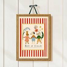 1pc Best Friend Animal Decorative Painting, Cute Rabbit Dog Crocodile Quote Canvas Print Poster, Childlike Decor For Kids Room, Red Stripe Background Artwork, Frameless/Wooden Hanging Scroll - Multicolor - View 3