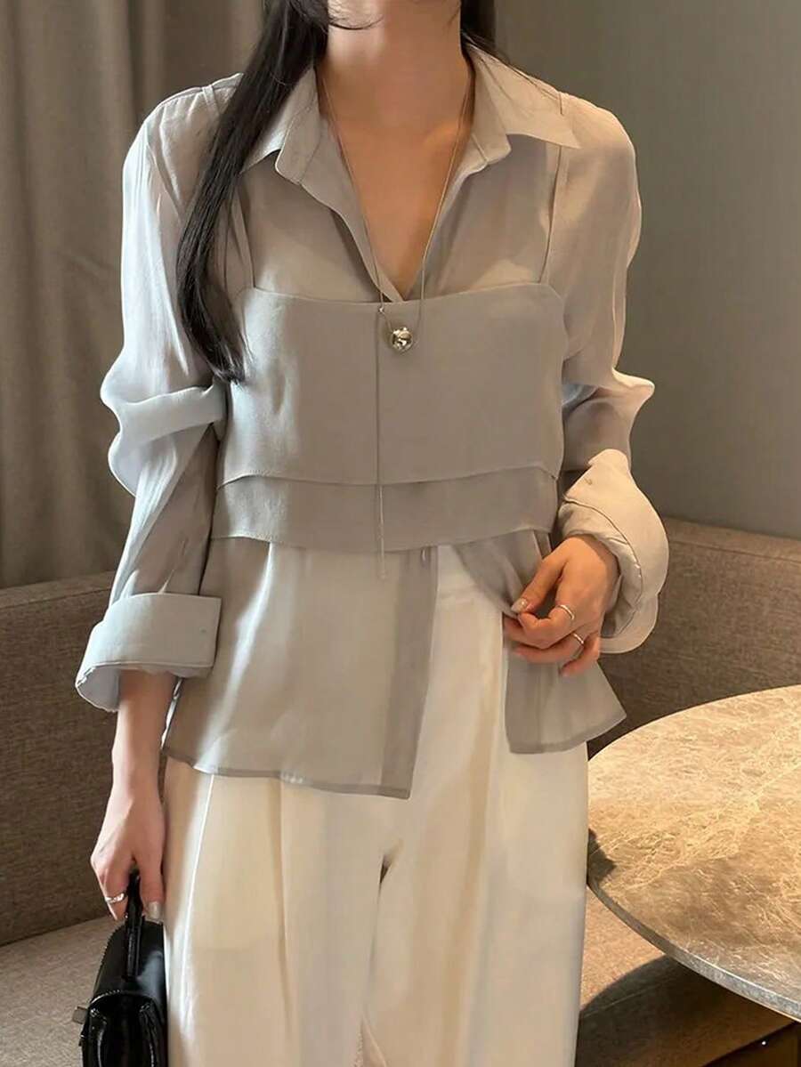 YCYC 法式優雅設計分層兩件式套裝 吊帶背心與襯衫 女款獨特上衣 春季新款穿搭 - 灰色 - 查看 1