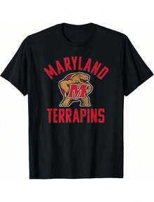 Maryland Terrapins Graphic Tee Black Short Sleeve Round Neck Casual T-Shirt With Regular Hem, Slight Stretch Knitted Fabric - màu đen - Xem 1