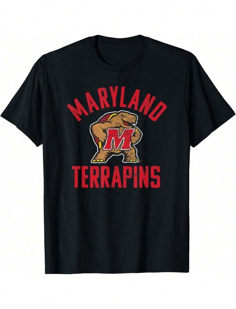 Maryland Terrapins Graphic Tee Black Short Sleeve Round Neck Casual T-Shirt With Regular Hem, Slight Stretch Knitted Fabric - màu đen - Xem 1