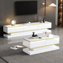 Modern TV Unit And Coffee Table Set In Glossy White, TV Console With 3 Drawers, Coffee Table With 2 Drawers, Gold Details, For Living Room, TV Table And Coffee Table. - White - View 4