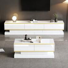 Modern TV Unit And Coffee Table Set In Glossy White, TV Console With 3 Drawers, Coffee Table With 2 Drawers, Gold Details, For Living Room, TV Table And Coffee Table. - White - View 12