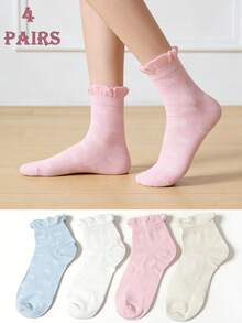 4 đôi tất nữ mềm mại, dễ thương, có nơ và ren rỗng, dài đến bắp chân, thoáng khí, phù hợp cho mọi mùa (thích hợp cho mùa xuân/hè) - Nhiều màu - Xem 7