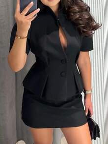 Áo khoác cardigan tay ngắn thanh lịch dành cho nữ, màu trơn, có chi tiết xếp ly/thắt eo, phù hợp cho công sở và thường ngày, màu đen mùa xuân/hè. - màu đen - Xem 2