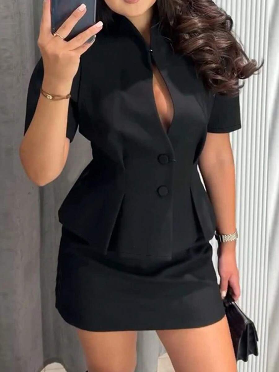 Áo khoác cardigan tay ngắn thanh lịch dành cho nữ, màu trơn, có chi tiết xếp ly/thắt eo, phù hợp cho công sở và thường ngày, màu đen mùa xuân/hè.