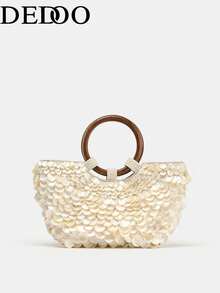 Dedoo Women's Messenger Bag With Tie Closure Design, Decorated With Inlaid Accents, Dual Rigid Handles And Detachable Chain Strap, Interior Zipper Compartment, Magnetic Snap Closure - Beige - View 5