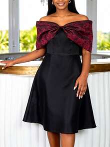 Vestido de cóctel de verano elegante de AOMIER para mujer con bloque de color jacquard, corte en los hombros con lazo - Negro - Ver 5