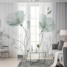 2pcs Set Refreshing Light Green Floral Pattern Sheer Curtains, Suitable As Gifts, Wedding Decorations, For Bedroom, Living Room, Kitchen, Cafe, Dining Room, Balcony, Partitions, Also Suitable For Christmas, New Year Decorations, Multiple Sizes Available, Decorative, Elegant, Suitable For All Seasons - Multicolor - View 2