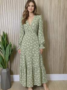 Women's Printed Long-Sleeved Crepe Dress - 薄荷綠 - 查看 2