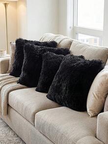 1/2/4pcs Solid Color Plush Pillow Cover (Pillow Insert Not Included), Minimalist Double-Sided Fluffy Square Cushion Cover, Soft Comfortable Home Decor Throw Pillow Case, Suitable For Bedroom, Living Room, Sofa, Chair, Zipper Closure - Black - View 9