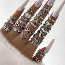 Bộ 25 chiếc nhẫn thời trang phong cách Punk Boho hình mặt trời, rắn, lá, phù hợp cho nữ giới đeo hàng ngày. - Bạc - Xem 1