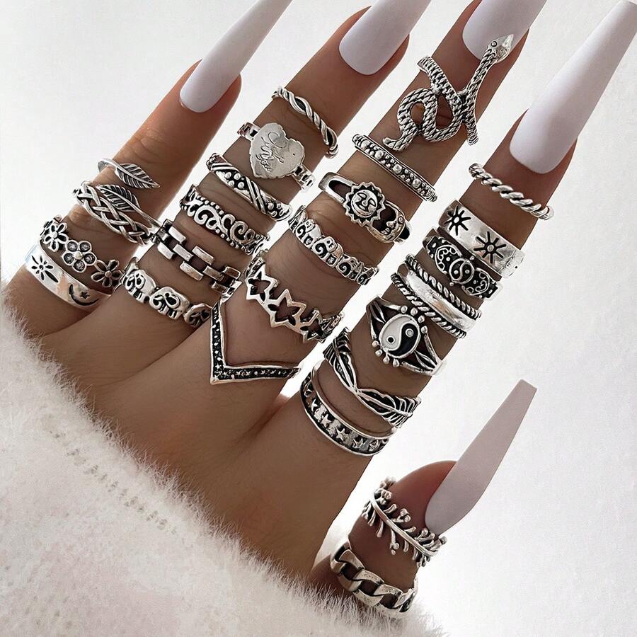 Bộ 25 chiếc nhẫn thời trang phong cách Punk Boho hình mặt trời, rắn, lá, phù hợp cho nữ giới đeo hàng ngày. - Bạc - Xem 1