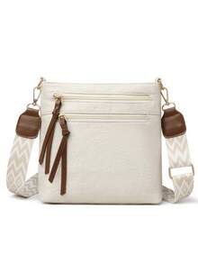 Fashionable Plaid Contrast Color Multi-Pocket Coin & Phone Pouch, Bohemian Adjustable Wide Strap Crossbody Or Shoulder Bag, PU Embossed Design Versatile - White - View 5