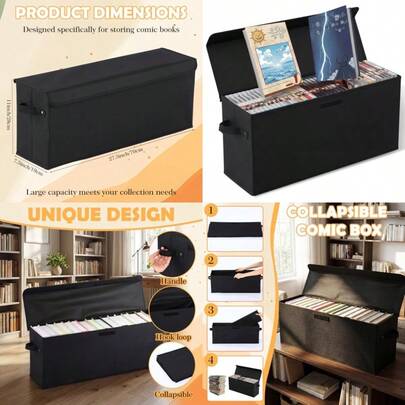 Caja de almacenamiento de cómics plegable de 27.5 x 7.5 x 11 pulgadas capacidad para organizador de cómics de 160 a 180 pulgadas para colección y revistas de cómics dorados plateados
