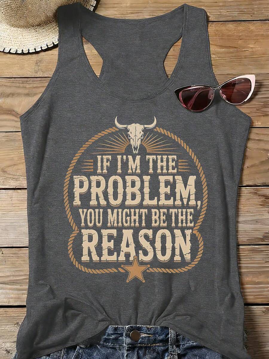 Women's Casual Sleeveless Round Neck T-Shirt With Funny Graphic Print Cotton Blend Tank Top - 灰色 - 查看 1