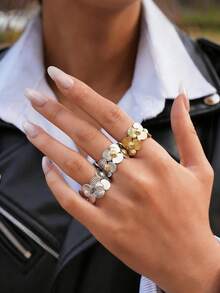 Uself 3pcs/1set 18K Gold Plated Textured Floral Wreath Ring Set, 304 Stainless Steel, Natural Pleated Petal Design, Suitable For Women's Botanical Theme Jewelry In Summer, Low Allergy, Fit For Boho, Streetwear And Daily Wear, Western Style Accessory - Multicolor - View 2