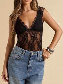 Body feminino sexy com decote em V profundo e renda transparente, cor sólida, ideal para festas, shows, encontros, primavera/verão/outono, preto. - Preto - Ver 1
