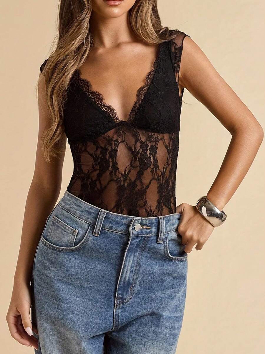 Body feminino sexy com decote em V profundo e renda transparente, cor sólida, ideal para festas, shows, encontros, primavera/verão/outono, preto. - Preto - Ver 1
