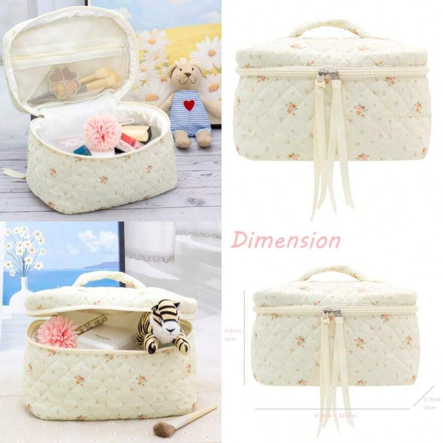 PAZIMIIK - Bolsa de maquillaje de algodón para mujer tamaño grande acolchada cosmética de viaje Vintage - Blanco floral - Ver 1