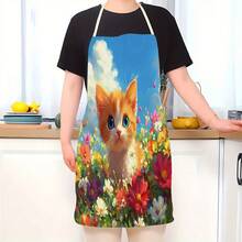 1pc Cute Orange Kitten In Colorful Floral Pattern Kitchen Apron, Suitable For Kitchen, Living Room, Dining Room, Hotel, Outdoor BBQ, Made Of 100% Polyester, Machine Washable & Hand Washable - Multicolor - View 6