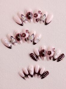 Nailsbase 24片/套 优雅花卉图案杏仁形美甲贴片，搭配1片果冻胶和1把指甲锉，美甲师用品，女士和女孩派对、约会、节日美甲用品的理想之选。 - 彩色 - 查看 3