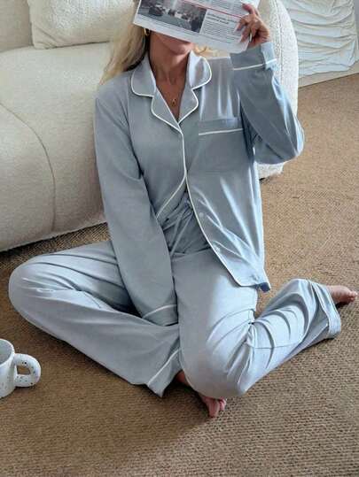 Nina Bonheur 2 piezas Conjunto de pijama de mujer con cuello entallado y manga larga - Ropa de dormir y de estar en casa cómoda y casual