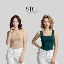 Set Of 2 Women's Premium Square Neck Tank Tops For Summer Fashion - 米色/綠色 - 查看 2