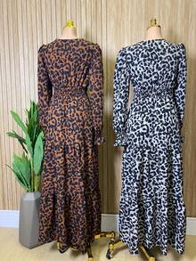 Women's Printed Long-Sleeved Crepe Dress - 灰豹 - 查看 2