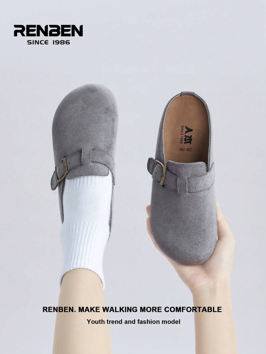 RENBEN Novos sapatos mule cinza para mulheres, coleção primavera 2026, com salto interno, modelo plataforma slip-on para mulheres de estatura baixa. - Cinza - Ver 1