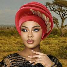 Women African Hat, Elegant Pleated Leaves Turban Hat Wrap Fashion Accessories. - 紅色 - 查看 8