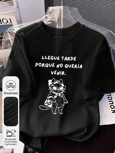 Camiseta de manga corta con cuello redondo y gráfico de gato casual y fresca para mujer de talla grande, versátil y de moda en color negro para el verano