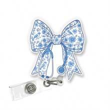 Blue Floral Bow Nurse Badge Reel Stethoscope Design Retractable ID Holder With Alligator Clip Cute Acrylic Accessory For Nursing Students Medical Assistants Doctors And Office Staff - A2 - Xem 7