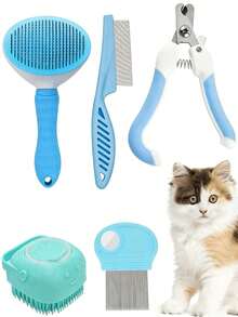宠物美容工具套装，包括狗狗美容刷、狗狗梳子、宠物指甲钳、猫咪梳子、跳蚤梳、自清洁梳、宠物美容刷、宠物按摩刷、去毛刷、解结工具、梳毛器、自动去毛刷、宠物清洁工具 - 藍色 - 查看 2