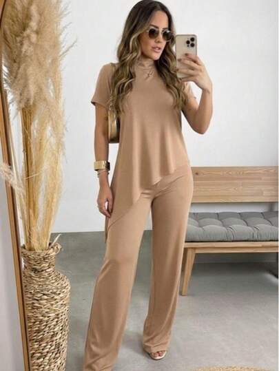 Conjunto Calça e Camiseta Manga Curta Elegante Largo Pantalona  Modesto Bata