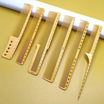 6pcs/Set Barber's Comb Set, Yellow Style Ruler Comb, Unisex Hair Styling Comb, Professional Salon Essential Comb Set For Precise Haircut And Grooming