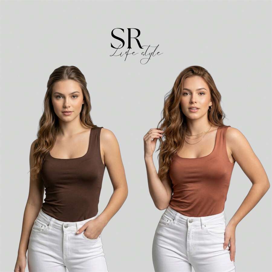 Set Of 2 Women's Premium Square Neck Tank Tops For Summer Fashion - 棕色/淺棕色 - 查看 1