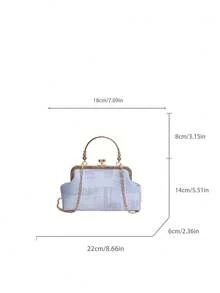 2026新款牛仔链条手拿包，时尚优雅女士手提包、单肩包、斜挎包，纯色链条肩带[花卉图案位置随机] - 霧霾藍 - 查看 9