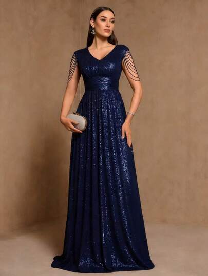 Vestido de noche elegante de mujer con lentejuelas y flecos sexy sin mangas, adecuado para bodas y fiestas