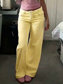 Women's Yellow Wide Leg Jeans - Casual Vacation Fashion Straight Leg Pants For Summer - Yellow - View 5
