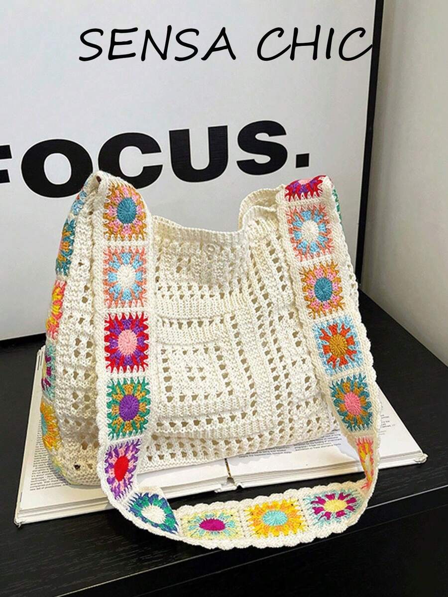 Koreanischer Stil Mode Geflochtene Tasche, Bohemien-Stil Geflochtene Tasche, Urlaubsstil Cut Out Geflochtene Tasche, Umhängetasche mit Blumenmuster, Schultertasche, Hängetasche, Damentasche, perfekt für Reisen und Strandurlaub, die beliebteste Damen Strandtasche, ein Urlaubsessential, perfekte Wahl für Sommer, Urlaub und den Strand. - Beige - Übersicht 1