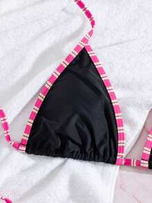 Women's Leopard Print Patchwork Tankini Swimwear Top And Bottom Casual Set, Summer Vacation Beach - Black With Fuchsia Trim - View 5