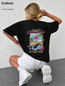 Tops Oversize Primavera/Verano, 100% Algodón, Camisetas de Manga Corta para Mujer, con Divertido Estampado de Ballena Tropical y Avestruz - Negro - Ver 5