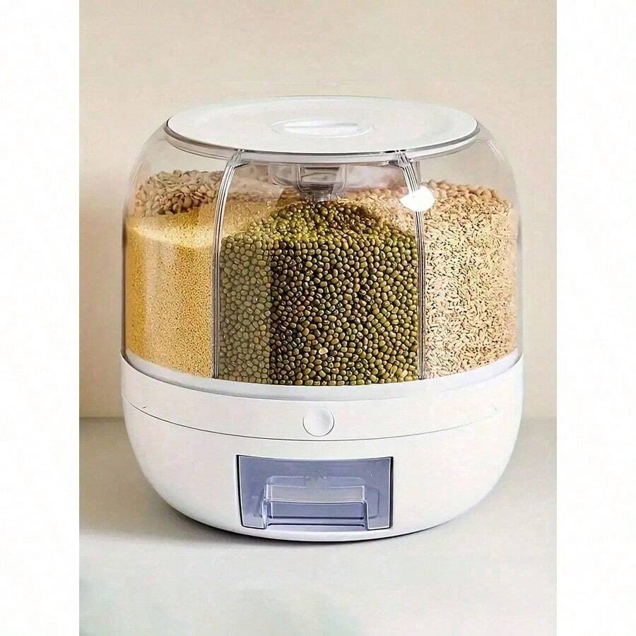 Rotating Rice Buckets And Grain Storage Containers, Large-Capacity Sealed Food Dispensers With Transparent Window Design, Durable Plastic For Rice, Flour, Pet Food, And Essential Items For Organizing Kitchen Pantry. - White - View 1