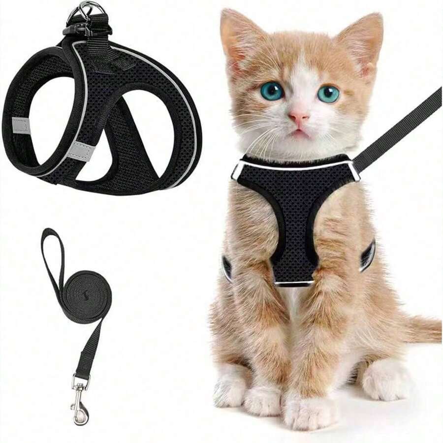 猫咪牵引背心式胸背带，柔软可调节，易于控制，透气反光条纹外套，黑色 - 黑色 - 查看 1
